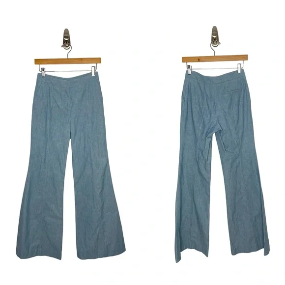 Vintage〈blue chambray flare pants linen〉 Vintage 40s Chambray \u0026 Lace Blue Fit \u0026 Flare V-Neck Midi Day Dress